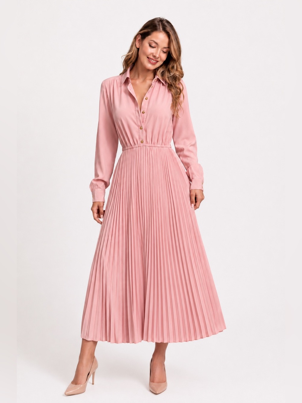 Blush Pleated Midi Long Sleeve Gold Detail Collared Shirt Dress✨